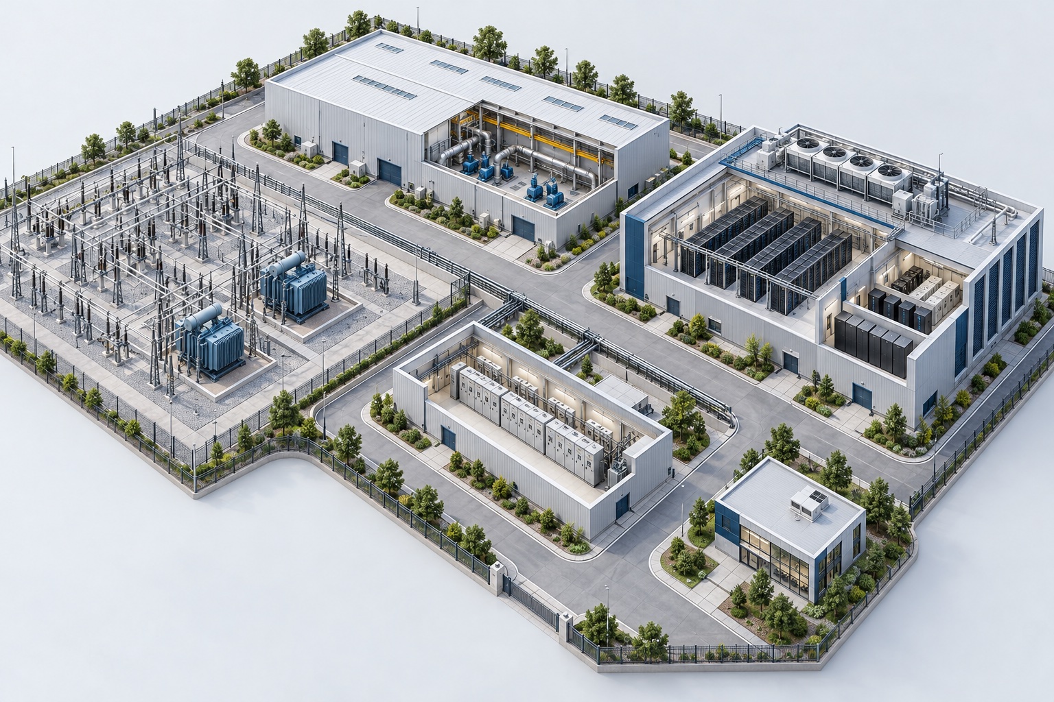 Ilustração isométrica de complexo com subestação à esquerda, fábrica ao fundo, sala de painéis ao centro e data center à direita